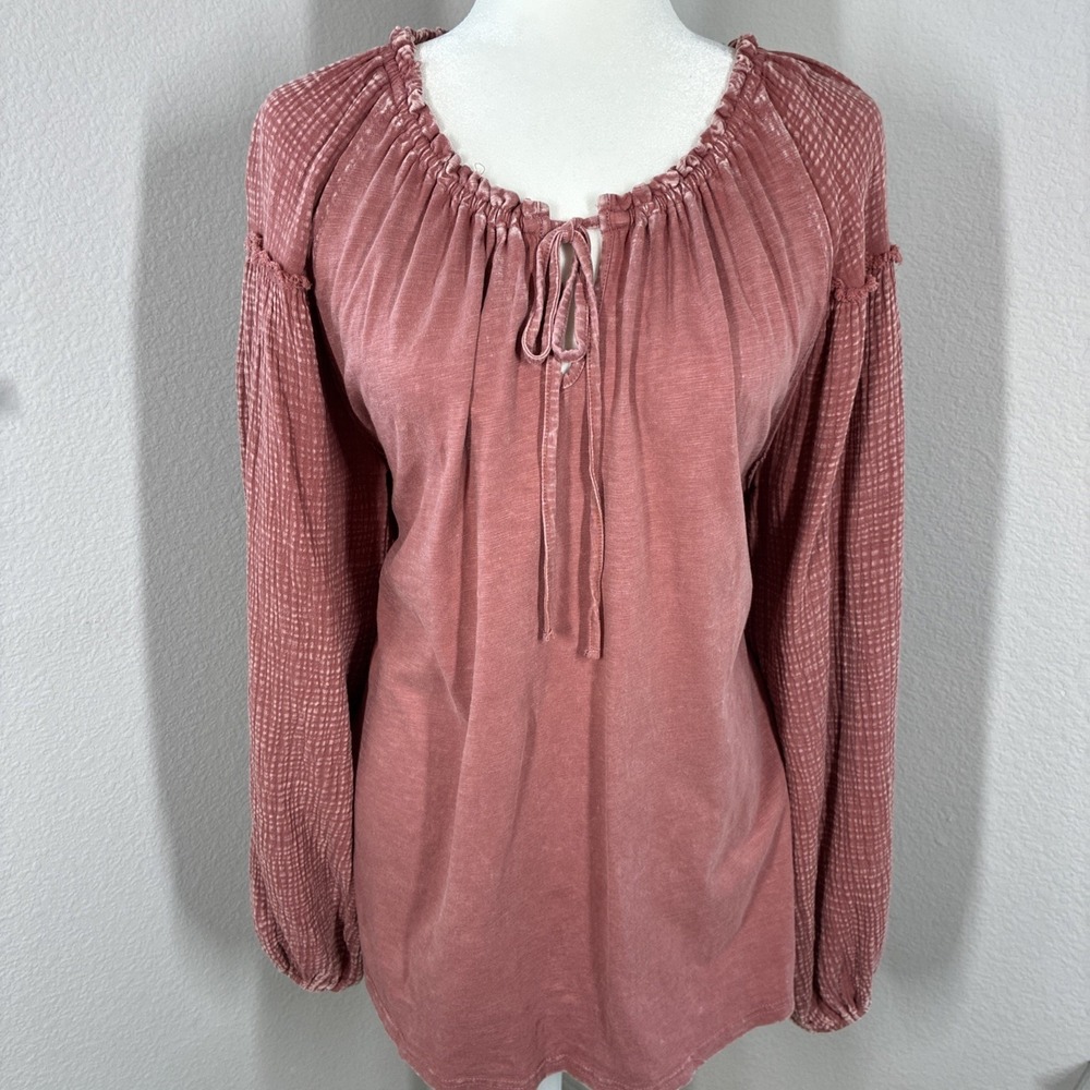 Easel Women's Mineral Washed Ruffle Trim Top Gauzy Boho Peasant Prairie Large
